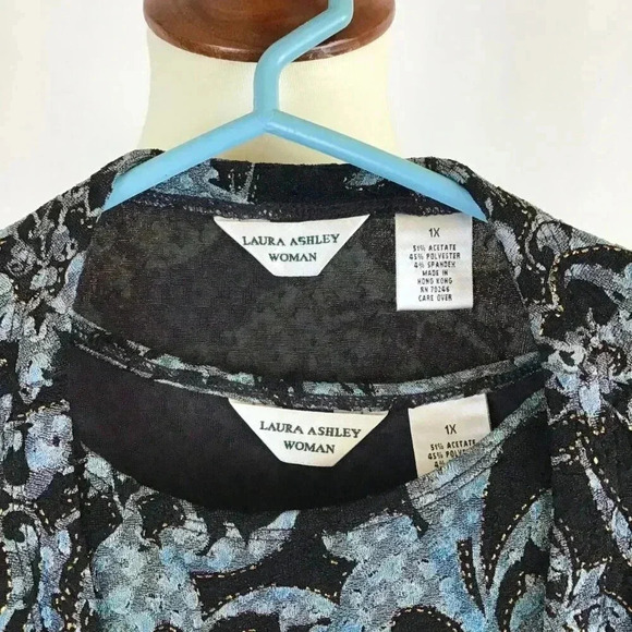 Vintage Laura Ashley Blue Metallic Floral Twinset Slinky Button Down V-Neck 1X - Picture 14 of 14